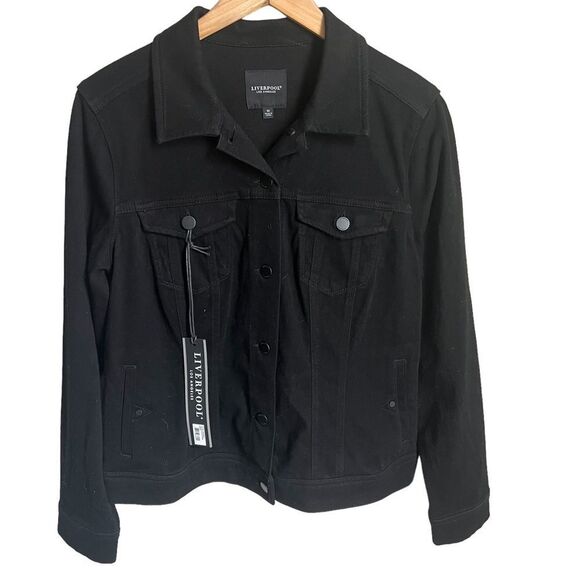 Stitch Fix Liverpool Kolten Denim Jacket Womens Medium Black Button Powerflex - Picture 2 of 11